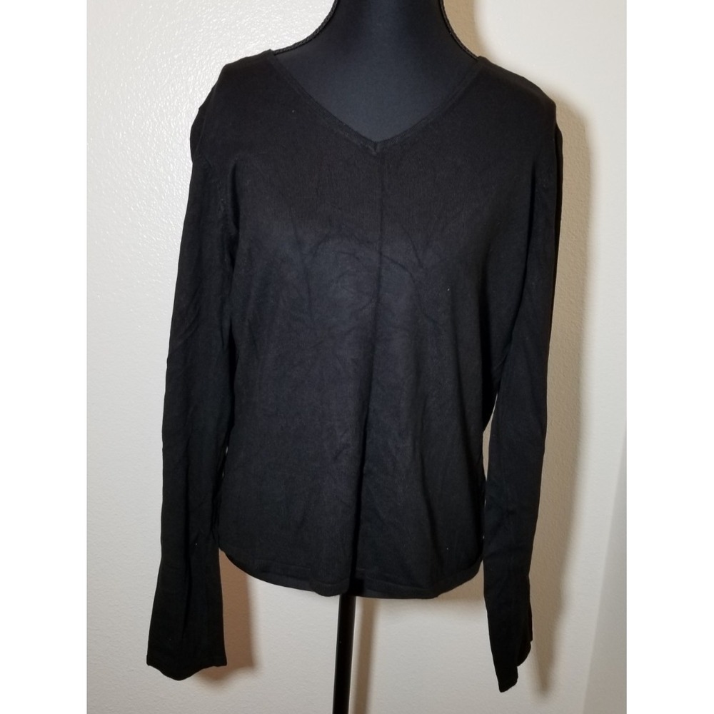 Tahari Womens Large Black V Neck Sweater Preppy Minimalist Coastal Cottage City